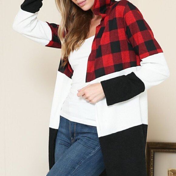 Buffalo Plaid Color Block Long Sweater Cardigan - Picture 2 of 5